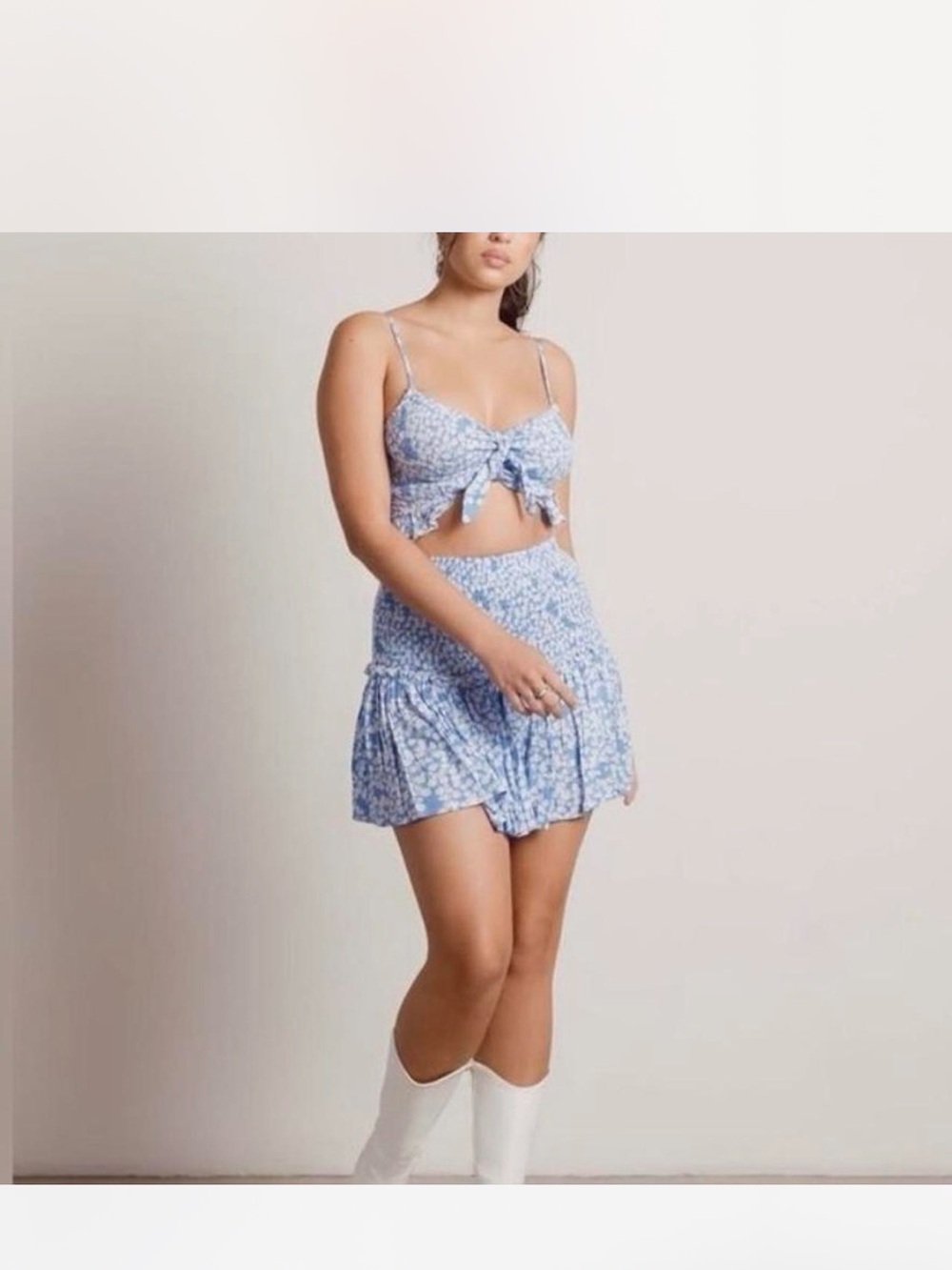 American Threads Light Blue Floral Tie-Front Mini Skirt Set